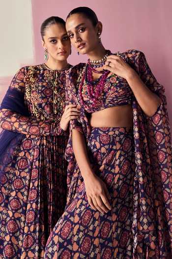Ridhi Mehra_Blue Blouse Net Printed Floral Cape Open Ewaz Sharara Set  _at_Aza_Fashions