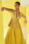 Ridhi Mehra_Yellow Peplum Net Embroidery Bead Deep V Neck Aafeh Top Sharara Set  _Online_at_Aza_Fashions