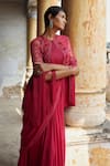 Buy_Ridhi Mehra_Pink Saree Georgette Embroidery Ibaraat Flower Fringe Cape Set  _Online_at_Aza_Fashions