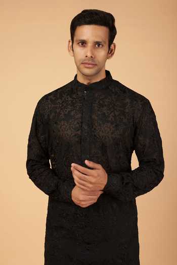 Rabani & Rakha_Black Georgette, Cotton Satin, Cotton, Silk Resham Work Kurta Pant Set _Online_at_Aza_Fashions