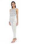Rohit Gandhi + Rahul Khanna_Blue Crepe Embellished Crystal Beads And Metallic Sequin Round Chevron Fringe Top _Online_at_Aza_Fashions
