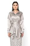 Shop_Rohit Gandhi + Rahul Khanna_Silver Satin Spread Collar Draped Shirt 