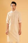 Buy_Raghavendra Rathore Blue_Off White Raw Silk Band Collar Kurta _Online_at_Aza_Fashions