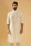 Raghavendra Rathore Blue_Off White Raw Silk Band Collar Straight Kurta _Online_at_Aza_Fashions