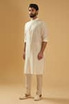 Buy_Raghavendra Rathore Blue_Off White Raw Silk Band Collar Straight Kurta _Online_at_Aza_Fashions