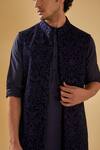 Raghavendra Rathore Blue_Blue Kurta And Bundi - Raw & Chudidar - Cotton Embroidery Jaal & Set _at_Aza_Fashions