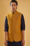 Shop_Raghavendra Rathore Blue_Yellow Jacquard Mustard Self Design Nehru Jacket _Online_at_Aza_Fashions