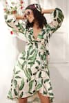 Reynu Taandon_Cream Crepe Leaf Pattern V Neck Wrap Dress _Online_at_Aza_Fashions