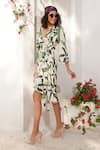 Buy_Reynu Taandon_Cream Crepe Leaf Pattern V Neck Wrap Dress _Online_at_Aza_Fashions