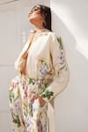 Reynu Taandon_Cream Crepe Digital Prints Floral Collared Neck Plain Shirt And Pant _Online_at_Aza_Fashions