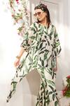 Reynu Taandon_Green Crepe Digital Prints Leaf Pattern Round Kaftan And Bell Bottom Pant Set_Online_at_Aza_Fashions