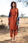 The Home Affair_Orange Cotton Silk Embroidered Thread Work Boat Straight Kurta Pant Set _Online_at_Aza_Fashions