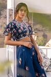 suruchi parakh_Blue Georgette Crepe Printed Floral Round Crop Top And Flared Pant Set_Online_at_Aza_Fashions