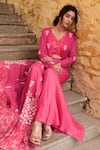 Shop_Suruchi Parakh_Pink Georgette Print Floral Blouse Flower Embroidered Jacket And Flared Pant Set _Online_at_Aza_Fashions