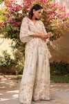 Suruchi Parakh_Off White Georgette Crepe Printed Flower V Neck Twist Top And Palazzo Set _Online_at_Aza_Fashions