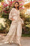 Buy_Suruchi Parakh_Off White Georgette Crepe Printed Flower V Neck Twist Top And Palazzo Set _Online_at_Aza_Fashions