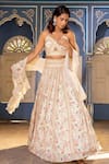 Suruchi Parakh_White Georgette Crepe Embroidered Vertical Line V Neck Lehenga Set _at_Aza_Fashions