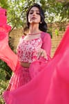 Shop_Suruchi Parakh_Pink Georgette Embroidery Floral Cut-out Neck Pleated Print Lehenga Set _Online_at_Aza_Fashions