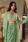 suruchi parakh_Green Georgette Printed And Hand Embellished Floral Jacket Draped Skirt Set_at_Aza_Fashions