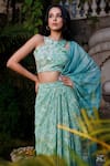 Shop_Suruchi Parakh_Green Georgette Floral Print Pre-draped Saree And Blouse Set_Online_at_Aza_Fashions