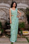 Suruchi Parakh_Green Georgette Printed And Hand Embroidered Floral Pre-draped Saree & Blouse Set _Online_at_Aza_Fashions