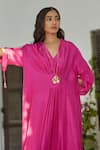 Shop_Betrue_Pink Habutai Silk Solid V Neck Gathered Sleeve Dress _Online_at_Aza_Fashions