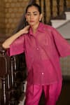 Betrue_Pink Cotton Crochet Solid Collared Neck Mesh Half Sleeve Shirt  _Online_at_Aza_Fashions