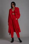 MATI_Red 100% Cotton Solid Notched Milestone Long Trench Jacket _Online_at_Aza_Fashions