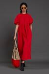 MATI_Red 100% Cotton Round Raglan Balloon Sleeve Dress _Online_at_Aza_Fashions