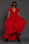 Buy_Mati_Red 100% Cotton Plunge V Neck Solid Gown _Online_at_Aza_Fashions