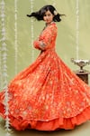 Redpine Designs_Orange Viscose Georgette Printed Floral V Neck Jacket Lehenga Set _at_Aza_Fashions