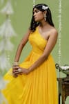 Shop_Redpine Designs_Yellow Viscose Georgette Printed Floral One Shoulder Gown _Online_at_Aza_Fashions