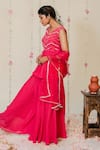 Redpine Designs_Fuchsia Georgette, Dupatta  Net Cutdana, Kasab, Pleated Peplum Sharara Set _Online_at_Aza_Fashions