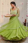 Buy_Redpine Designs_Green Georgette, Dupatta  Net Cutdana, Sequins, Moti V Neck Pleated Lehenga Set _Online_at_Aza_Fashions