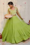 Shop_Redpine Designs_Green Georgette, Dupatta  Net Cutdana, Sequins, Moti V Neck Pleated Lehenga Set _Online_at_Aza_Fashions