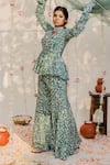 Shop_Redpine Designs_Green Dupatta  Net, Viscose Crepe Silk Cutdana, Print Peplum Sharara Set _Online_at_Aza_Fashions
