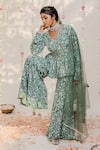 Redpine Designs_Green Dupatta  Net, Viscose Crepe Silk Cutdana, Print Peplum Sharara Set _at_Aza_Fashions