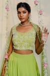 Redpine Designs_Green Georgette, Dupatta  Net Cutdana, Sequins, Moti V Neck Pleated Lehenga Set _at_Aza_Fashions