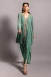 RIA SHAH LABEL_Green Georgette Embroidered Floral V Neck Panelled Short Top And Flap Pant Set _Online