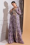 Shop_RIA SHAH LABEL_Purple Poly Georgette Printed Floral Sweetheart Neck Jacket And Sharara Set _Online_at_Aza_Fashions