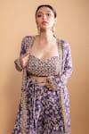 RIA SHAH LABEL_Purple Poly Georgette Printed Floral Sweetheart Neck Jacket And Sharara Set _at_Aza_Fashions