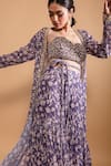 RIA SHAH LABEL_Purple Poly Georgette Printed Floral Sweetheart Neck Jacket And Sharara Set _Online