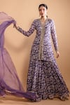 RIA SHAH LABEL_Purple Poly Georgette Printed Floral V Neck Kurta Sharara Set _Online_at_Aza_Fashions