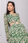 Shop Ria Shah Label Green Polyester Embroidery V-neck Floral Print Cut-out Anarkali Dress Shop_Ria Shah Label_Green Polyester Embroidery V-neck Floral Print Cut-out Anarkali Dress