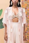 Rishi and Vibhuti_Pink Linen Embellished Tassel Cape Round Aurora And Pant Set _Online_at_Aza_Fashions