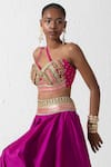 Shop_Rishi and Vibhuti_Pink Taffeta And Raw Embroidered Trims One Shoulder Bralette & Skirt Set _Online_at_Aza_Fashions