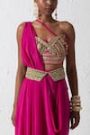 Buy_Rishi and Vibhuti_Pink Crepe And Raw Silk Embroidery Zardozi Sea Mist Pre-draped Saree With Blouse _Online_at_Aza_Fashions