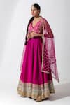 Rishi and Vibhuti_Pink Taffeta Embroidered Mirror V Neck Retro Twirl Border Lehenga Set _Online_at_Aza_Fashions