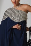 Rishi and Vibhuti_Blue Crepe And Raw Silk Embroidered Lace & Sequin Alora Cape & Wide Leg Pant Set _Online_at_Aza_Fashions