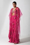 Rishi and Vibhuti_Pink Georgette Embroidered Zardozi Frosting Tassel Detail Cape And Flared Pant Set _Online_at_Aza_Fashions